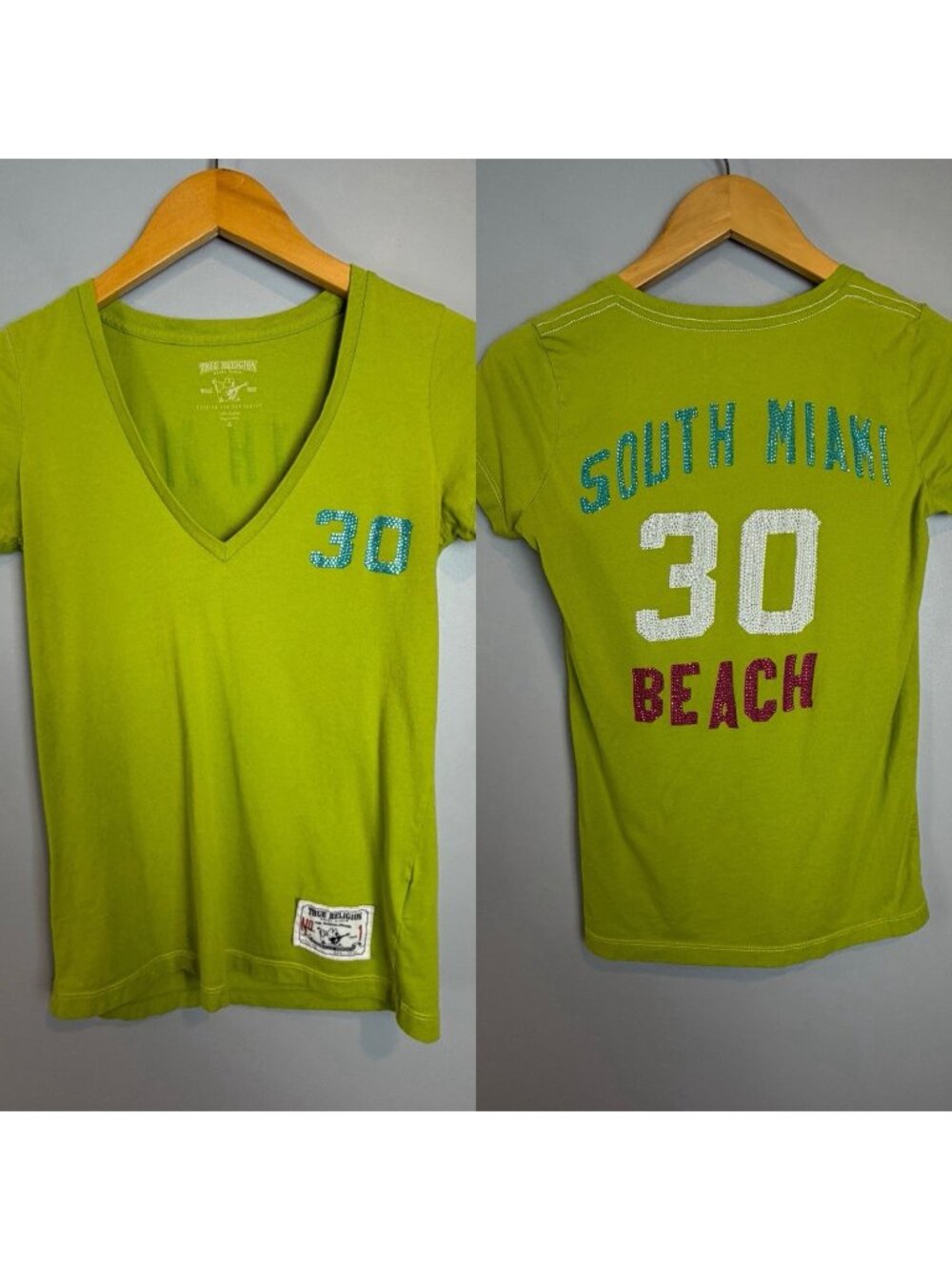 True Religion V Neck T Shirt Womens Size Small Miami South Beach Green